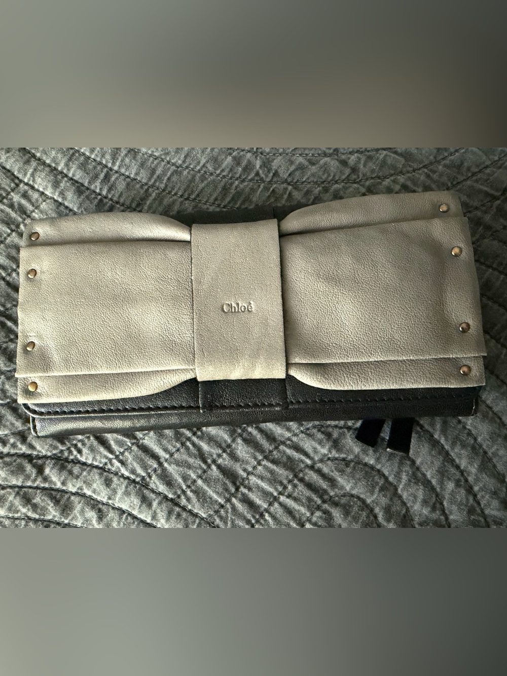 Chloé / Chloe Gray & Black Authentic June Leather Bow Clutch Wallet